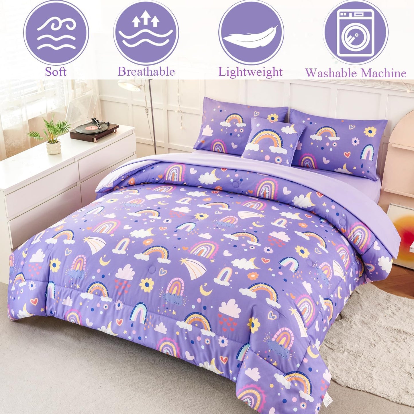 ANGIYUIN Purple Queen Size Comforter Set for Girls 6Pcs Kids Bed in A Bag Rainbow Bedding Comforter Set with Sheets Decorative Cloud, Love, Saleboat and Moon,Purple, Queen