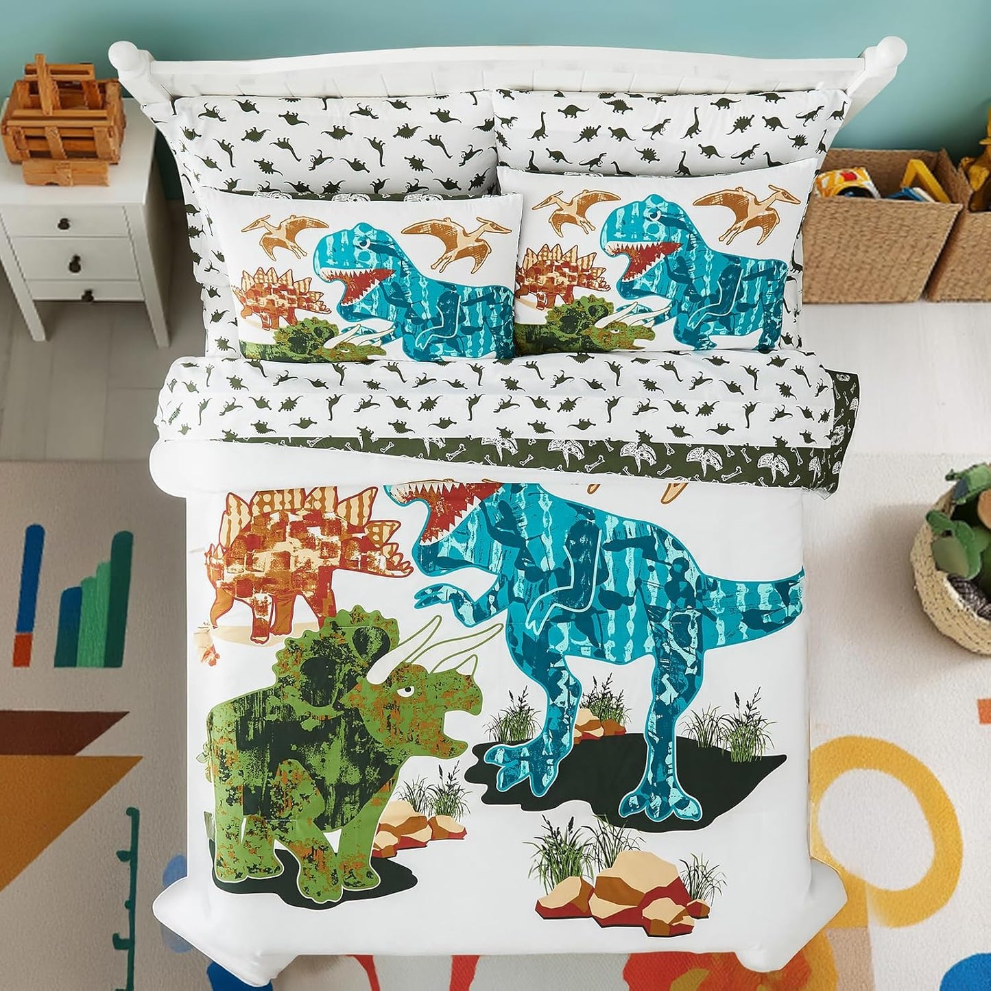 Twin Comforter Set for Boys-5 Pieces Dinosaur Glow in The Dark Twin Bedding Sets for Kids, Ultra Soft Bed in A Bag with Sheets