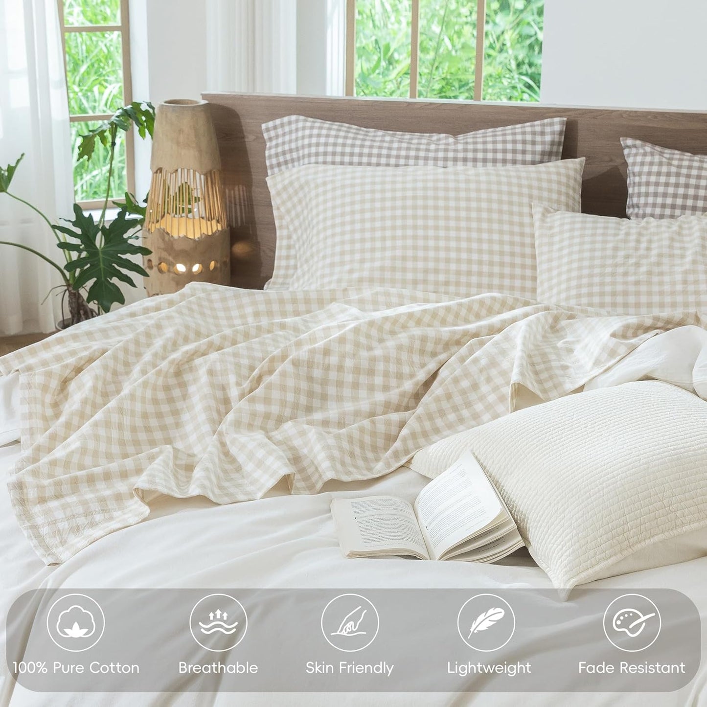MooMee Gingham Sheet Set 100% Washed Cotton Linen Like Textured Breathable Soft w/ Fully Elasticized 16-19" Deep Pocket (Classic Gingham Almond Milk Grey, Queen)