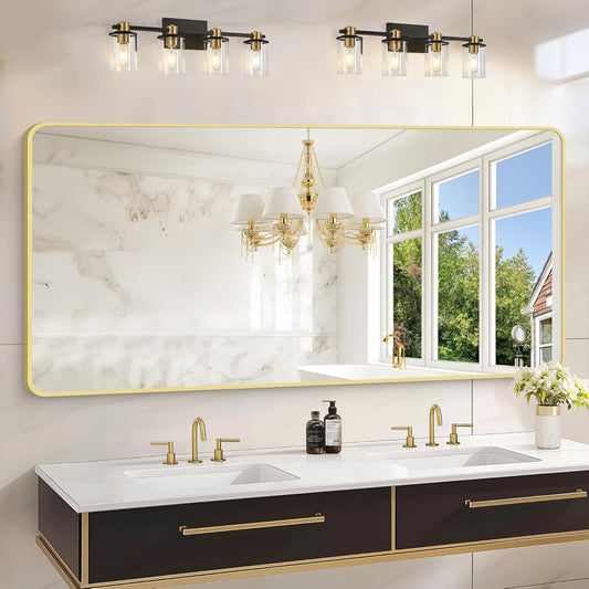30"x60" Gold Bathroom Mirror, Large Rectangle Mirror, Rectangular Wall Mirror, Rounded Corner Vanity Mirror with Aluminum Metal Frame for Bathroom Bedroom Living Room