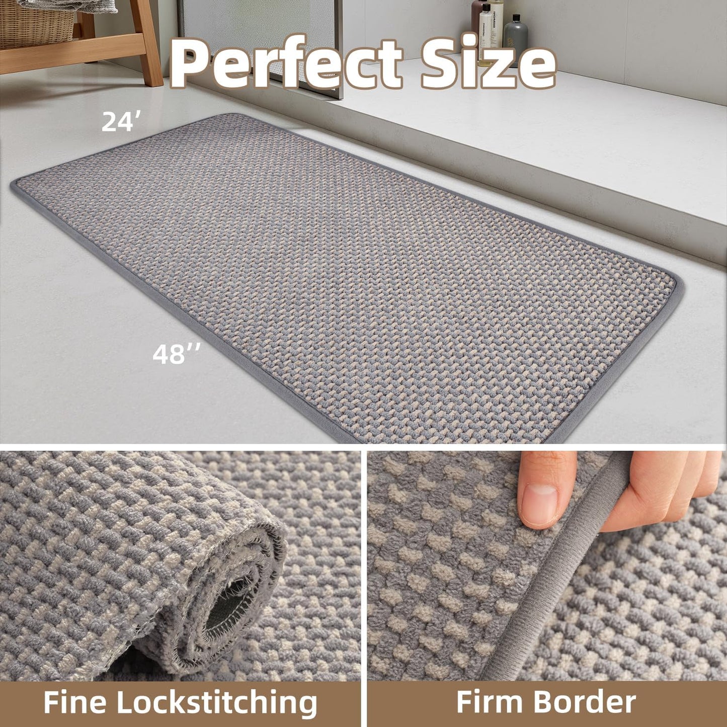 PADOOR-Bath Mat Runner-Super Absorbent Chenille Bathroom Mats-Rubber Backed Bath Mats for Bathroom Non Slip, Easy Clean Bathroom Runner Rugs Front of Bathtub,Shower Room,Sink-24×48, Grey&Beige