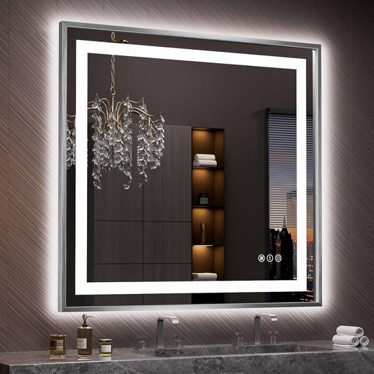 Amorho 40"X38" LED Bathroom Mirror, Brushed Nickel Framed Mirror with Front Light and Backlit, Stepless Dimmable, Anti-Fog, Shatter-Proof, Memory, 3 Colors