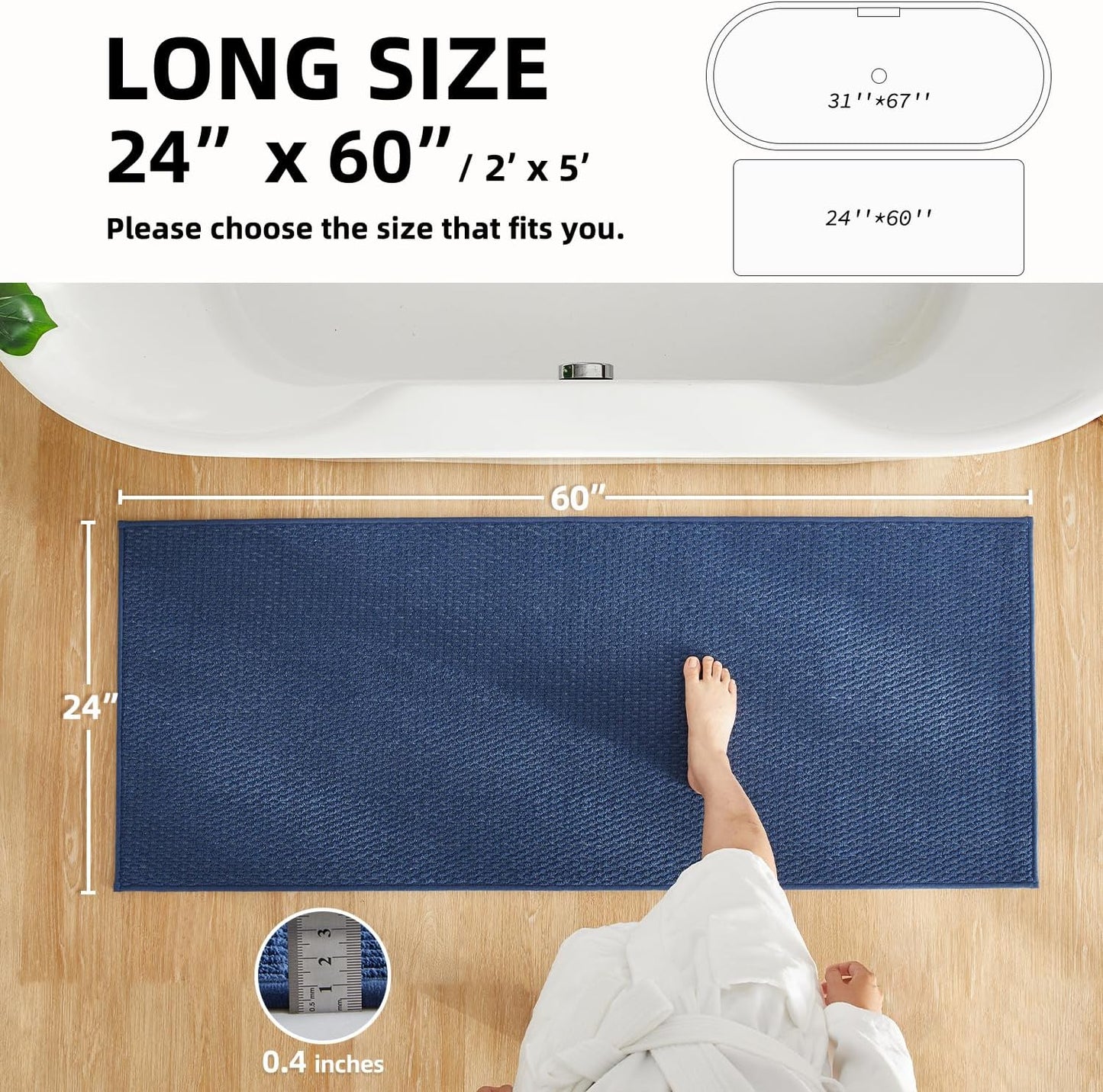 Bathroom Runner Rug, Long Bath Mat Washable Thin Quick Dry Low Pile Bathroom Runner Rugs 24 x 60 Non Slip, Navy Blue 24"x60"
