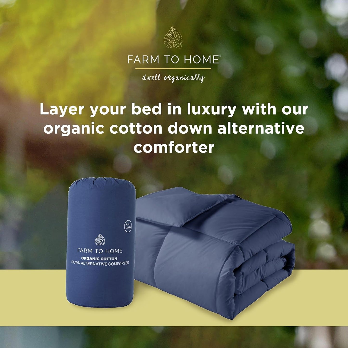 Farm To Home Luxury Comforter Organic Cotton All Season Fluffy Lightweight Down Alternative Machine Washable Comforter for Bedroom, Full/Queen, Navy