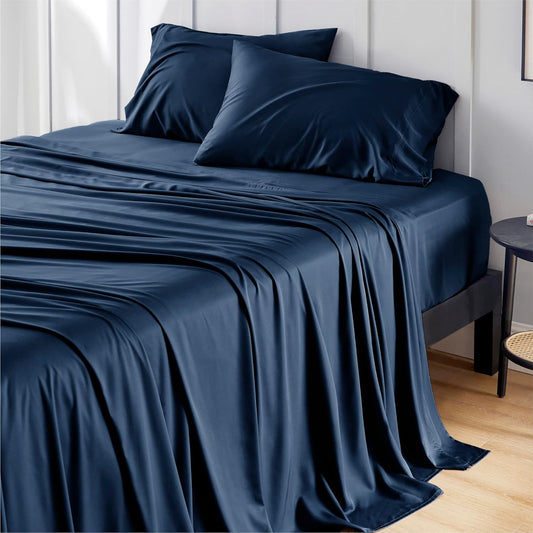 Bedsure California King Sheet Sets, Cooling Sheets for Hot Sleepers, Rayon Derived from Bamboo, Breathable & Soft, Deep Pocket Up to 16 Inches, Hotel Luxury Silky Bedding, Navy