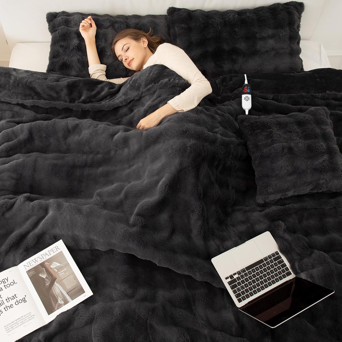 Faux Rabbit Fur Bubble Full Size Heated Blanket Dark Grey - Fuzzy Soft Plush Electric Blanket Full with 6 Heating Levels & 10 Timer Settings, Home Decor Gifts, ETL Certified (72" x 84")