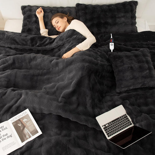 Faux Rabbit Fur Bubble Full Size Heated Blanket Dark Grey - Fuzzy Soft Plush Electric Blanket Full with 6 Heating Levels & 10 Timer Settings, Home Decor Gifts, ETL Certified (72" x 84")