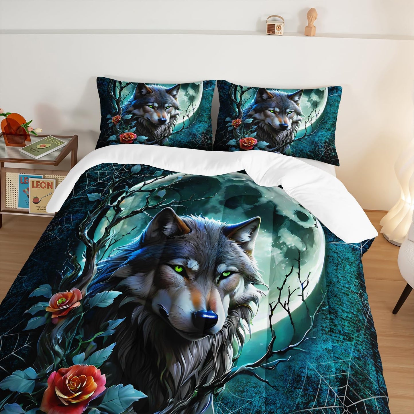 Wildlife Themed Bedding Wolf Comforter Set,Spooky Spider Web Vine Print Comforter Full Kids Bed in a Bag,Moonlight Aesthetic Bedding Sets for Boys Teens Room Decor with 2 Pillowcases.