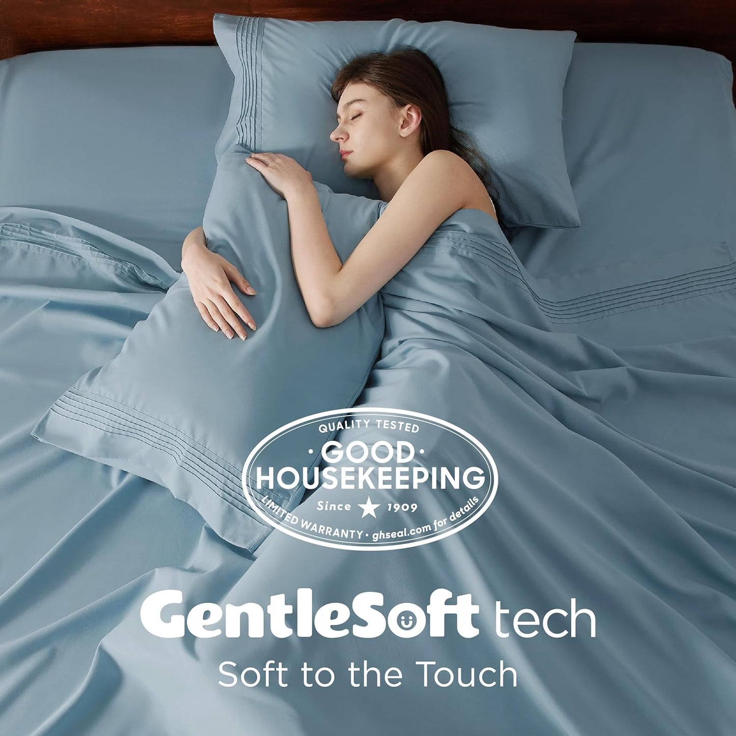 Bedsure Deep Pocket Queen Sheets Set - Fits Mattresses Up to 21 Inches Thick - 4 Piece GentleSoft Bed Sheets, Moisture Wicking, Soft & Cooling Bedsheet & Pillowcases, Easy & Secure Fit, Mineral Blue