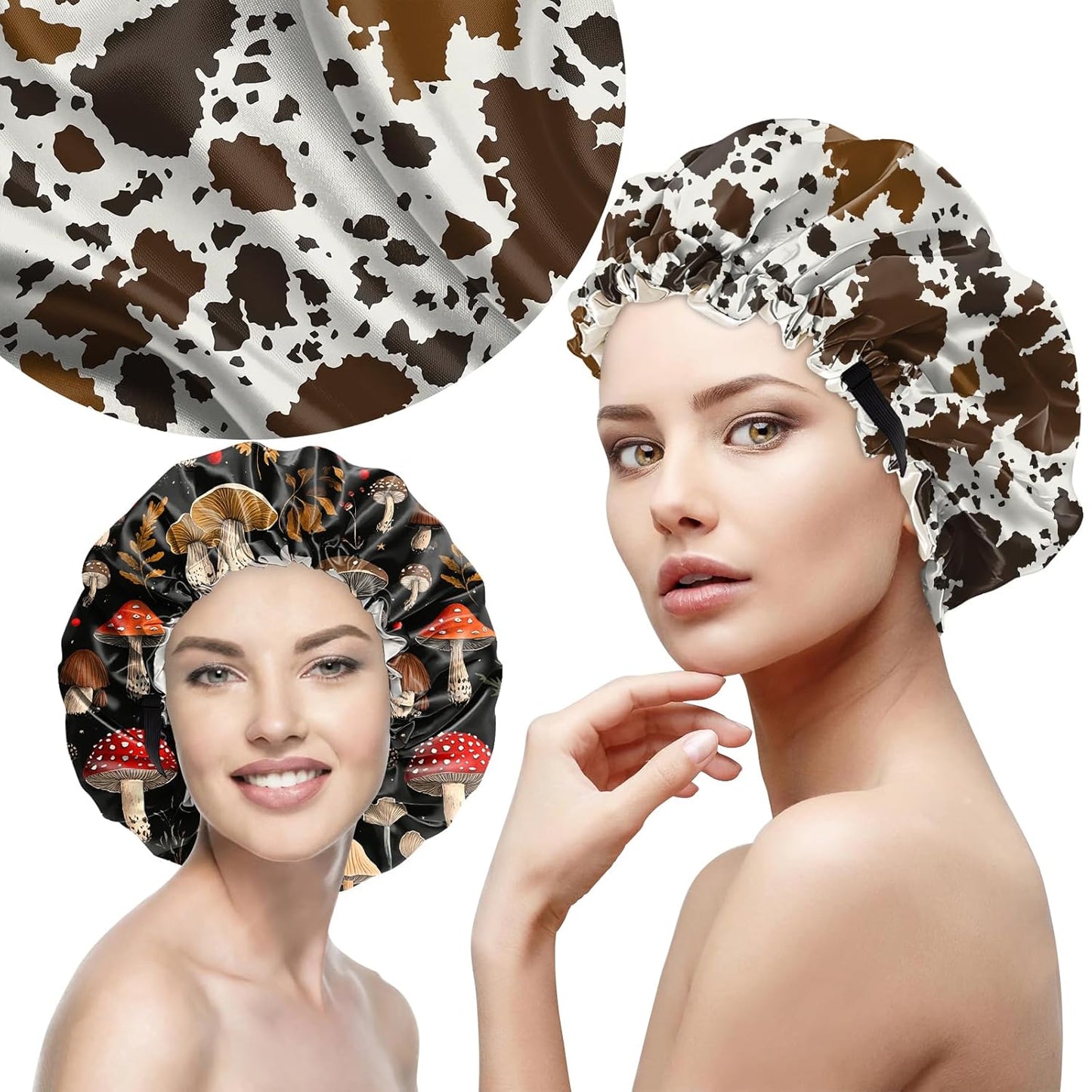 2 PCS Bonnets for Women Girls Satin Hair Bonnet Silk Adjustable Elastic Double Layer Hair Wrap Sleep Cap Comfort Cute-Mushroom Cowhide