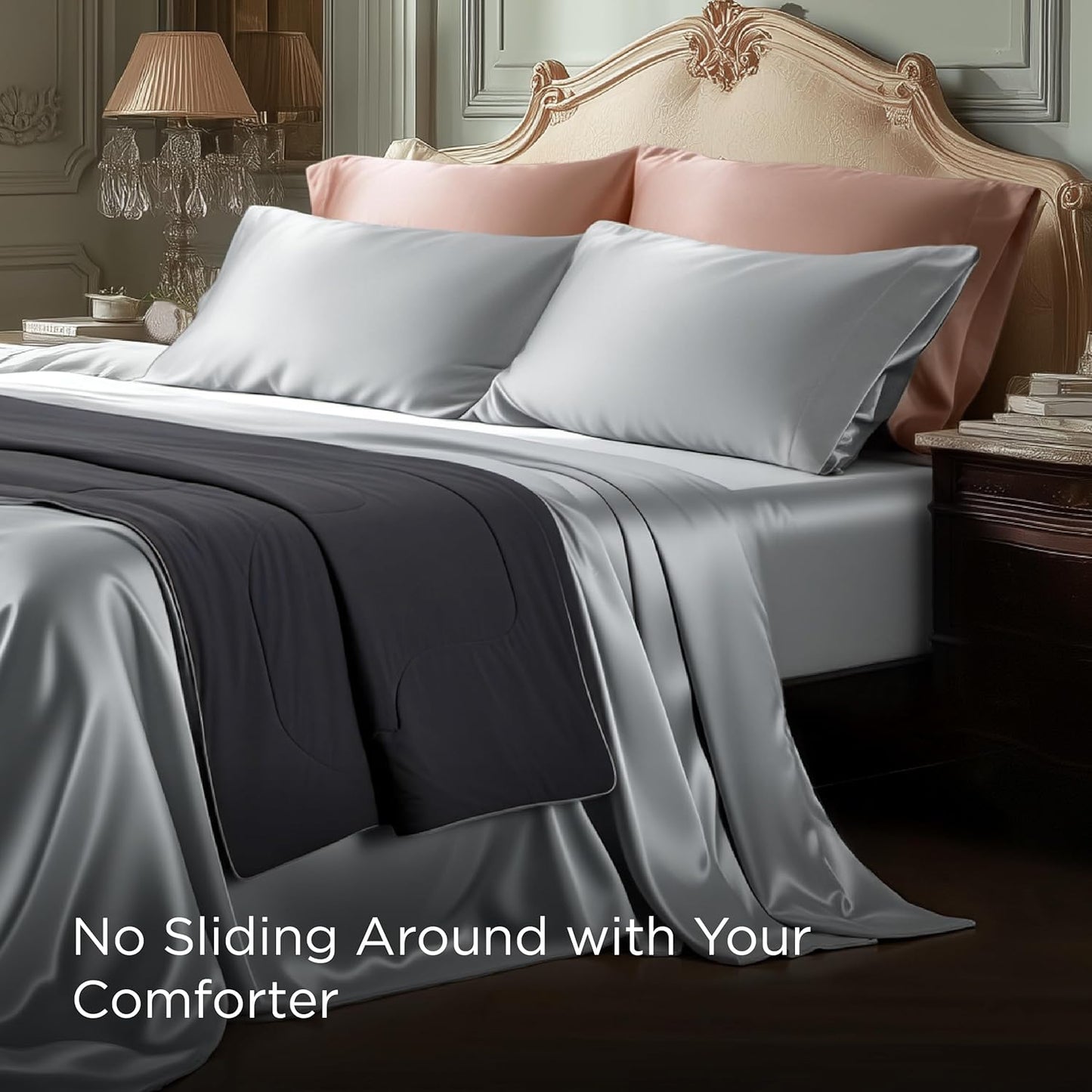 Bedsure Satin Sheets King Size - 4 Piece Silky Bedsheets with 15 Inches Deep Pocket Fitted Bedsheet,1 Flat Sheet, 2 Satin Pillowcases, Good for Hair & Skin (King, Silver Grey)