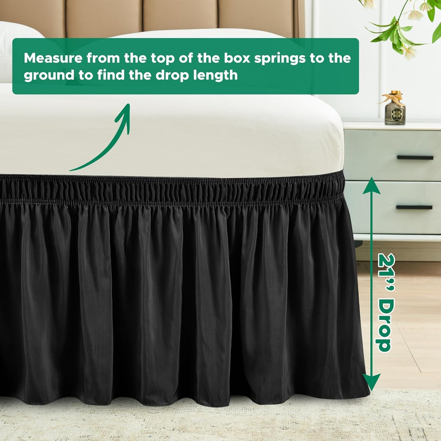 Biscaynebay Wrap Around Bed Skirts for Twin & Twin XL Beds with Long Drop of 21", Black Adjustable Elastic Dust Ruffles Easy Fit Wrinkle Resistant Silky Luxurious Fabric Machine Washable