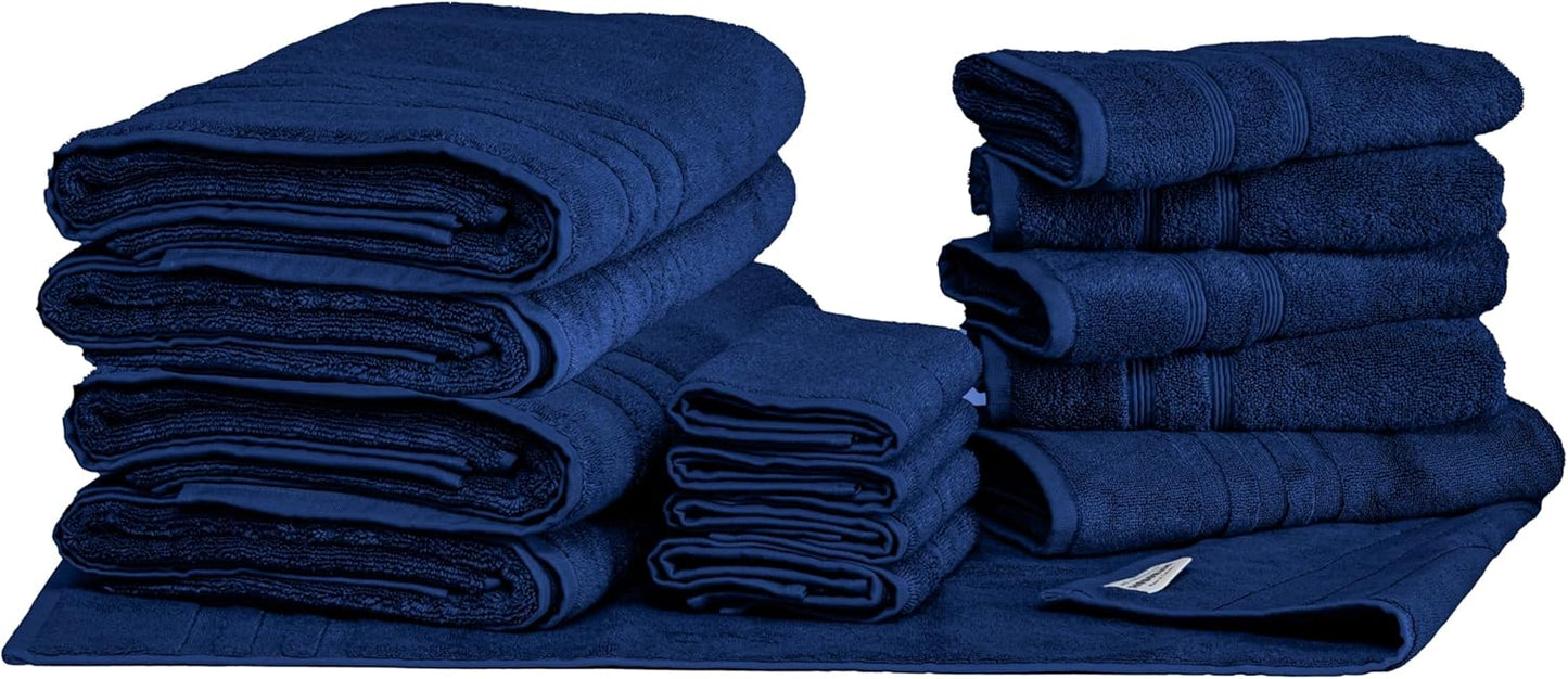 Mosobam Luxury Turkish 14pc Deluxe Bath Bundle Body Hand Face Towel and Mat Navy Blue 700 GSM & 1000 GSM Bamboo Viscose & Aegean Turkish Combed Cotton