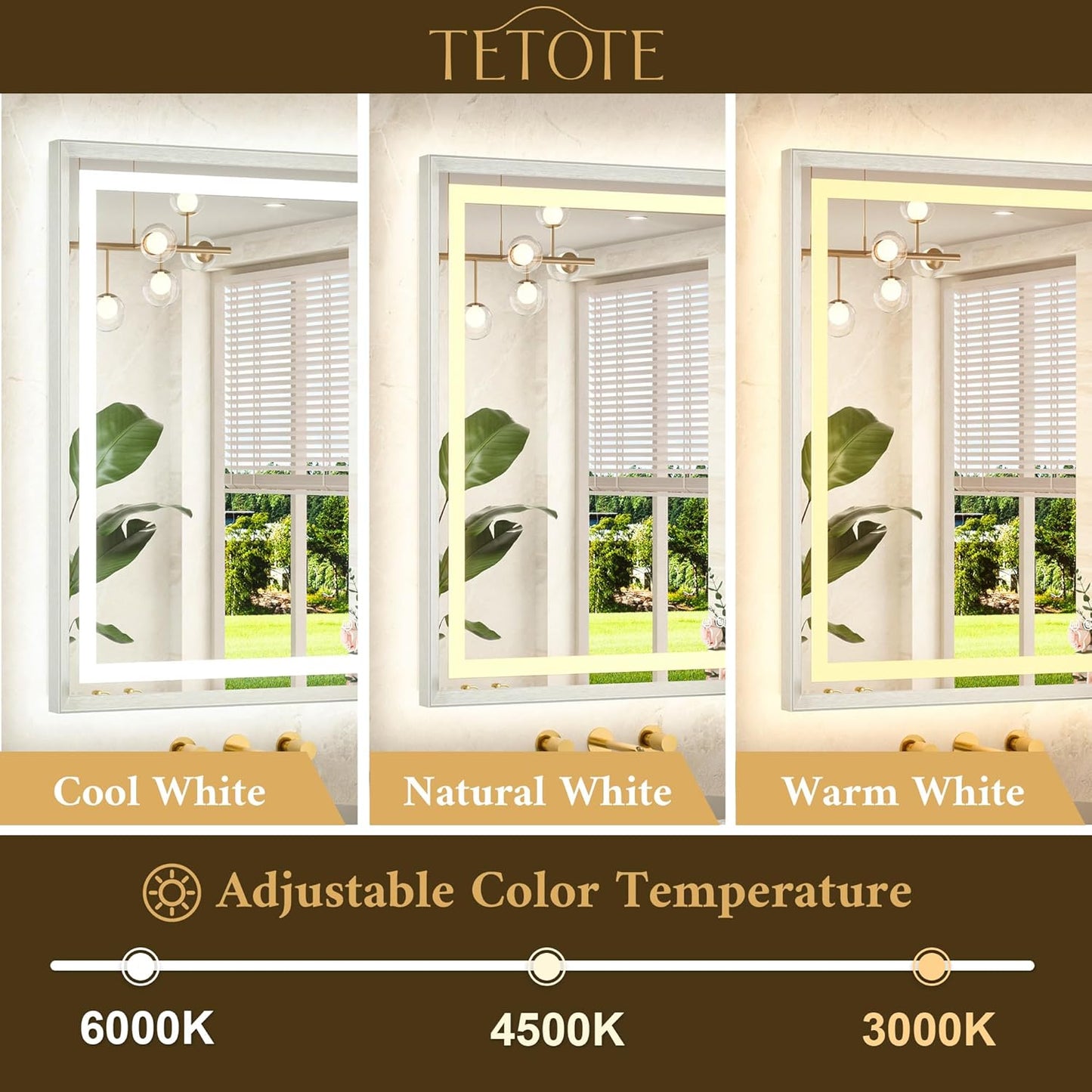 TETOTE 60 x 28 Large Bathroom Mirror Brushed Nickel Metal Frame Frontlit & Backlit Vanity Mirror 3 Colors White/Warm/Natural Stepless Dimmable Anti-Fog Bathroom Mirrors for Vanity Wall-Mounted