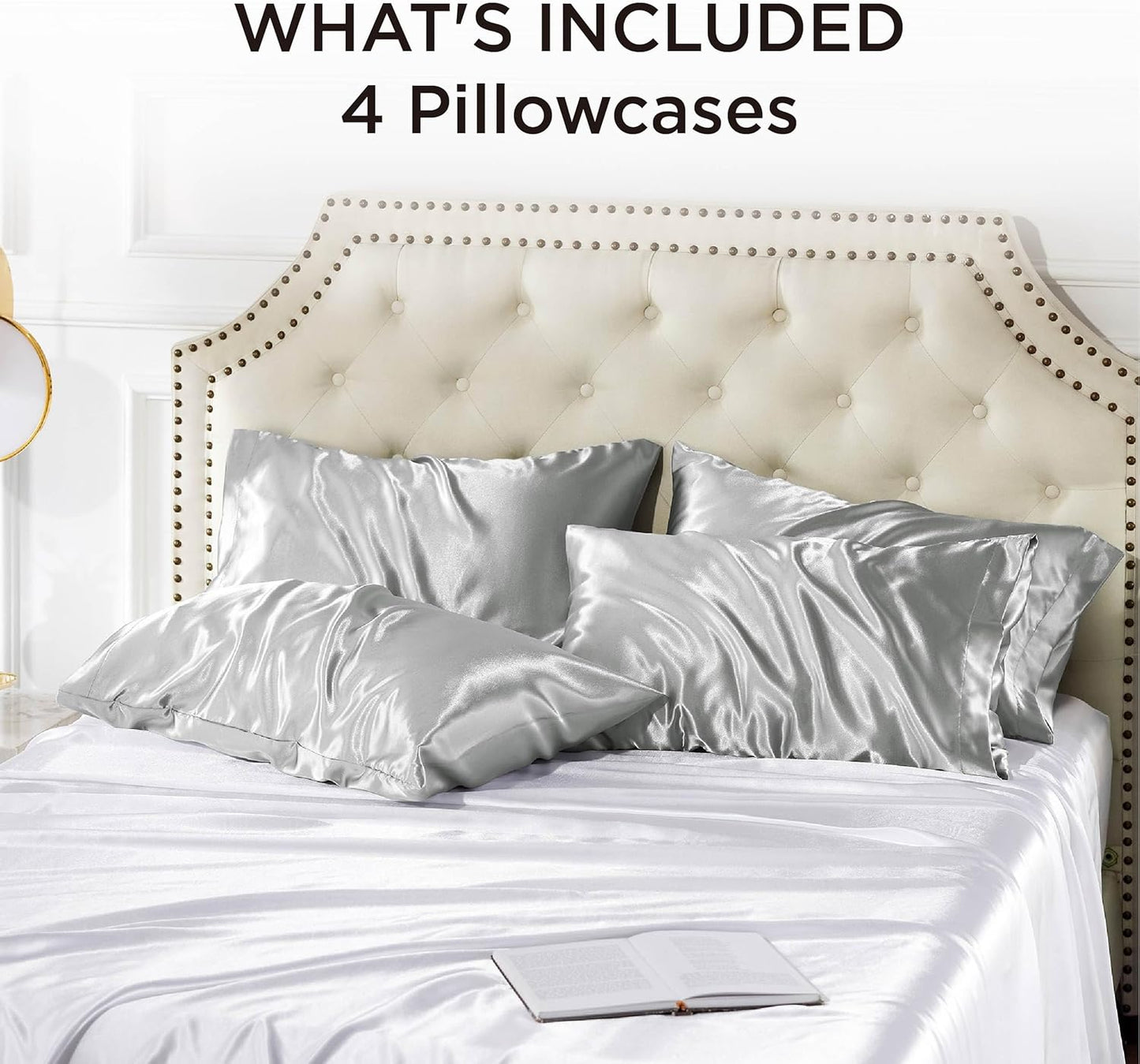 Bedsure King Size Satin Pillowcase Set of 4 - Silver Grey Pillow Covers for Hair and Skin 20x36 Inches with Envelope Closure, Similar to Silk Pillow Cases, Gifts for Women Men
