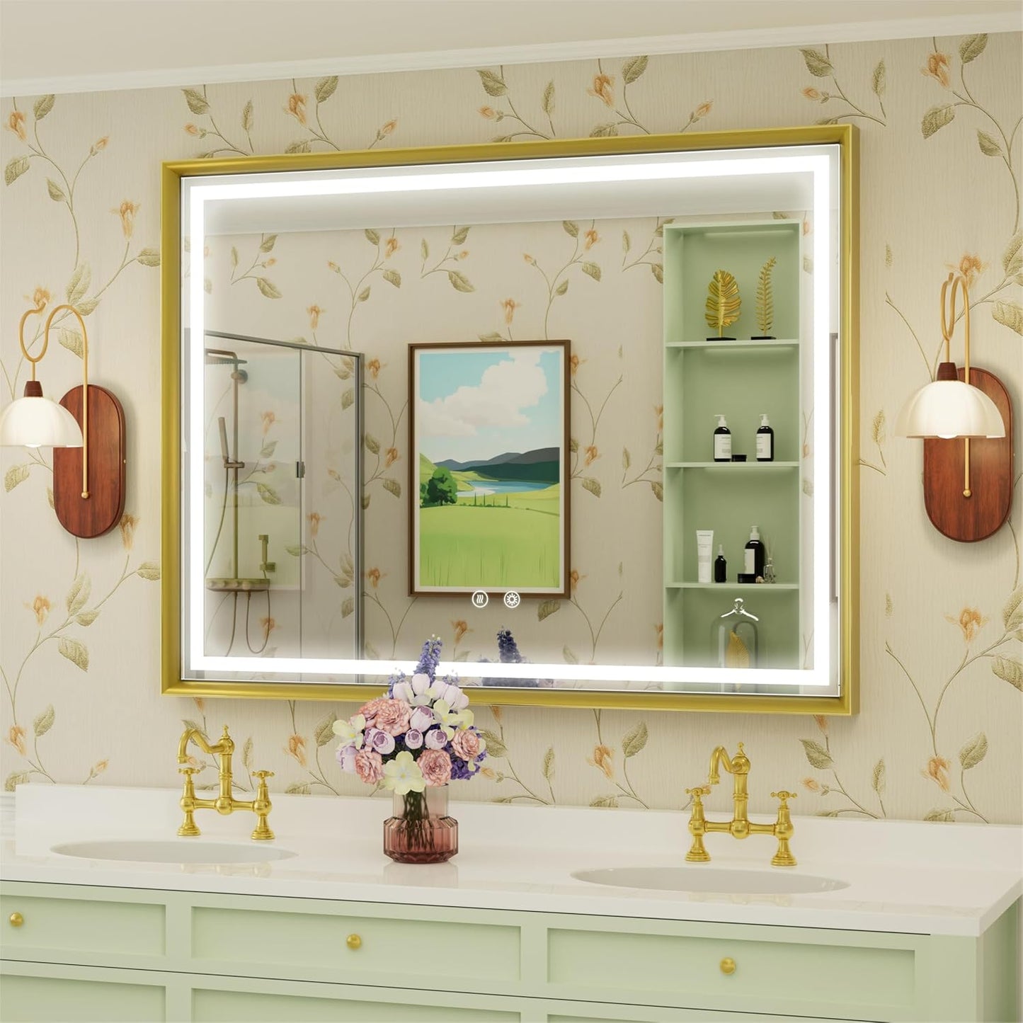 40x30 Inch Gold LED Mirror for Bathroom, 3 Color Temperatures (3000K/4500K/6000K), Anti-Fog, Dimmable Lights, Memory Function, Horizontal/Vertical Wall Mounted