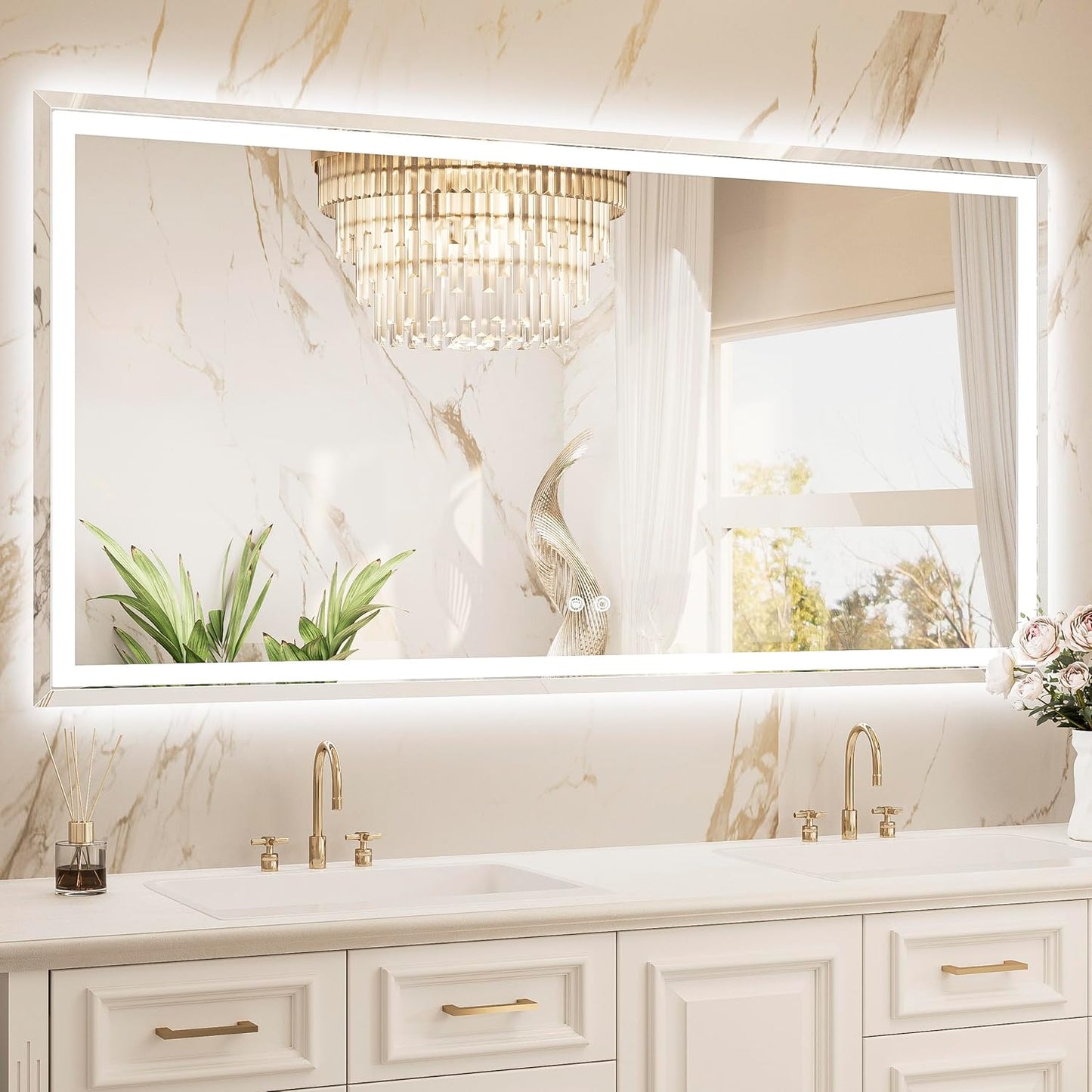 TETOTE 72 x 36 Inch Led Lighted Mirror for Bathroom Wall, Extra-Bright Beveled Bathroom Vanity Frontlit & Backlit Frameless Mirror with 3-Color Lights, Defogging, Tempered Glass, Waterproof