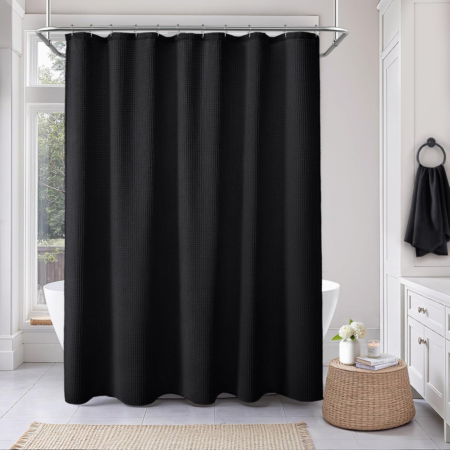Stall Waffle Shower Curtain - Black Cotton Fabric Texture Heavyweight Shower Curtain for Narrow Bathroom,Washable,36Wx72L