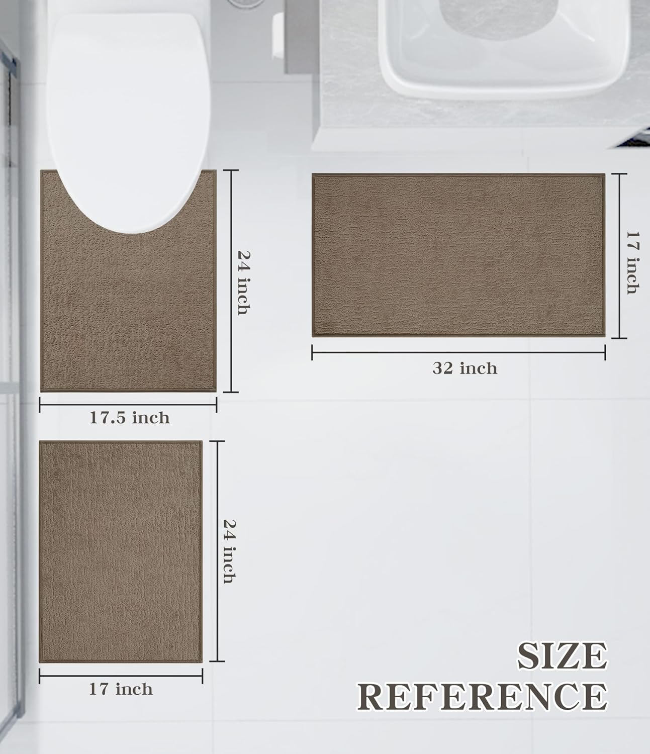 Chakme 3 Piece Bathroom Rug Sets, Ultra Thin Bath Mat, Absorbent & Quick Drying, Non Slip, Durable, Easy to Clean, Geometric Design, Coffee, 17" x 24" / 17" x 30" / 17" x 59"
