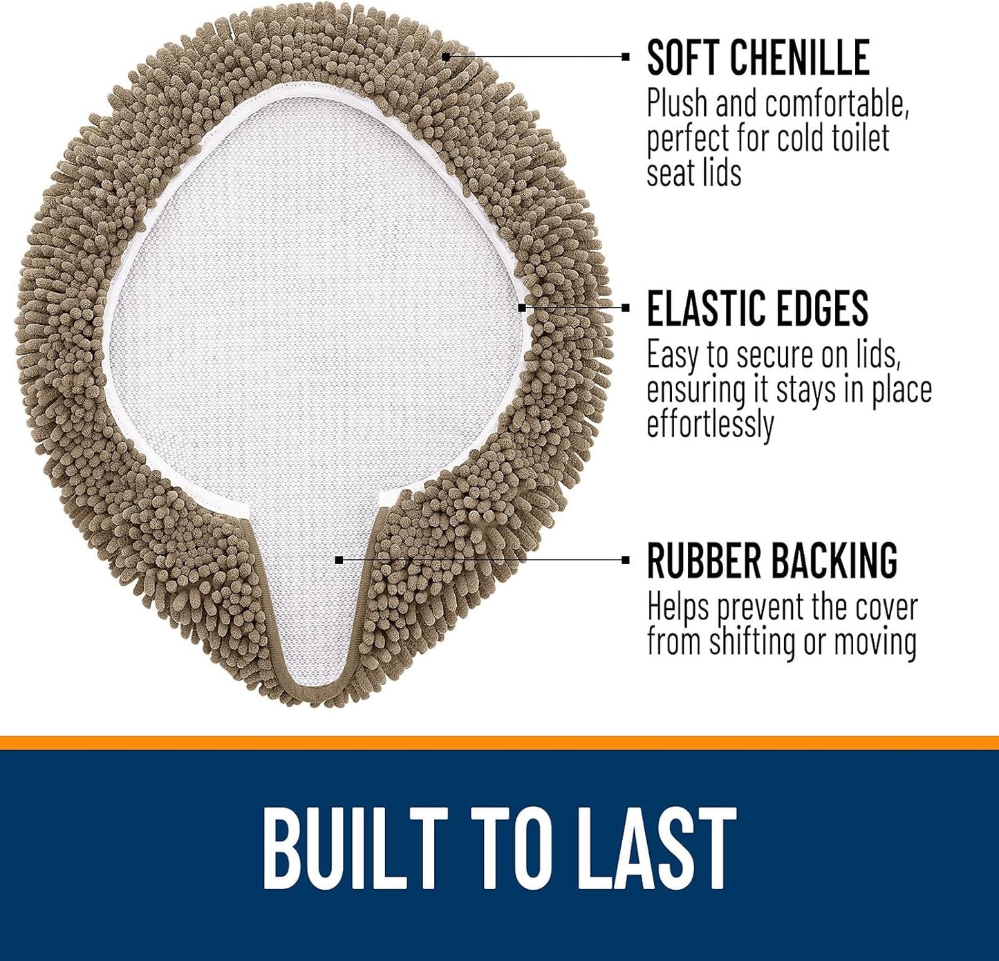 OLANLY Soft Chenille Bathroom Toilet Lid Cover, Machine Washable Seat Covers, 17.5x15, Stays in Place Rubber Backing, Fits Most Round, Elongated and Oblong Lids, Accessories Decor, Tan