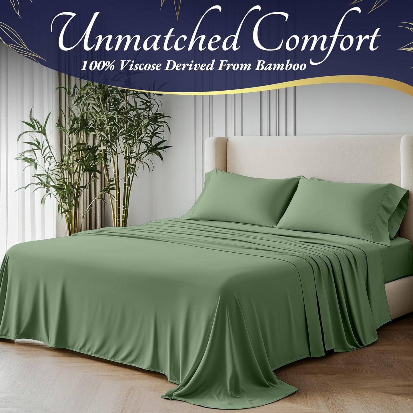 DECOLURE 100% Viscose Derived from Bamboo Sheets Queen Size 4pcs - Ultra Soft & Luxuriously Cooling, 17" Deep Pocket, Double Stitching, Perfect for Hot Sleepers - Queen Bed Sheets (Sage Green)