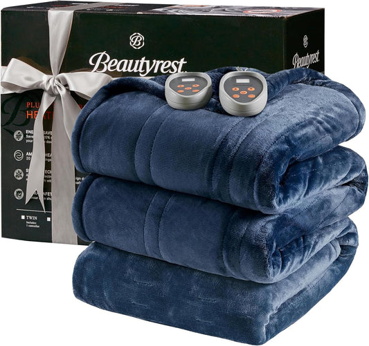 Beautyrest Heated Blanket, Electric Blanket, Soft, Warm, Reversible Plush - Sherpa Heating Blanket with 20 Heat Settings, 1-10 hrs Timer Auto Shut Off, Machine Washable, Queen (90 inx84 in), Indigo