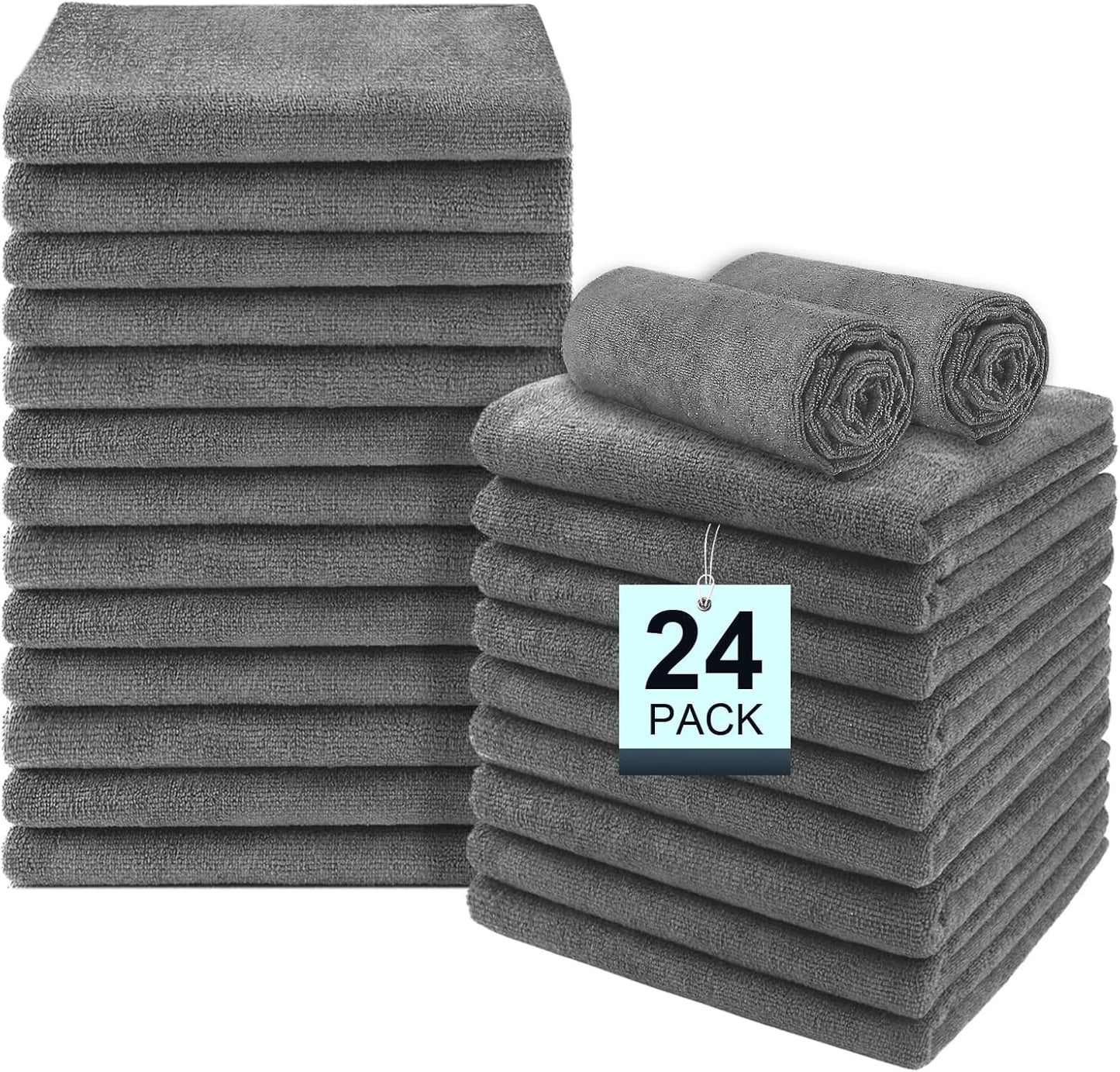 24 Pack Gym Towels Set - Highly Absorbent and Quick Drying Microfiber Salon Towels, Premium Hand Cloths for Bathroom, Gym, Shower, Hotel, and Spa - 16x27 inch (Grey)