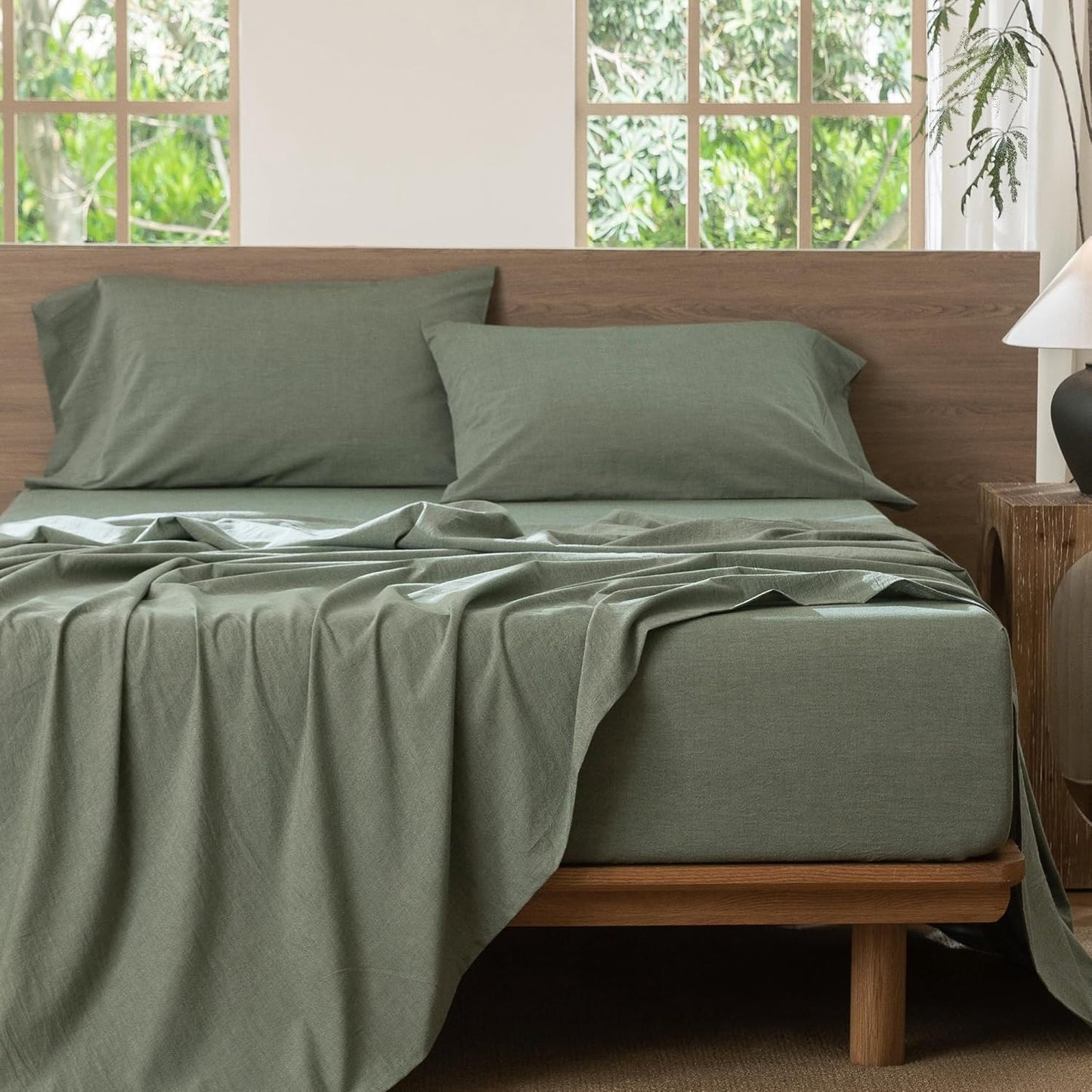 MooMee Bedding Sheet Set 100% Washed Cotton Linen Like Textured Breathable Durable Soft Comfy (Heathered Green, King)