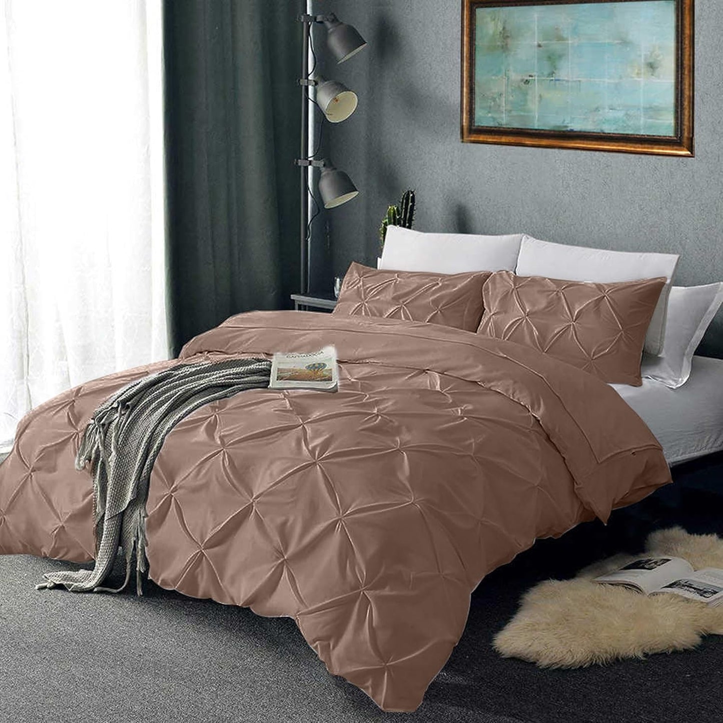 Pinch Pleated Duvet Cover Set 100% Cotton 3PC King Size 94x104 Duvet Cover Set, Decorative Pinch Design Taupe Duvet Cover with Matching Pillow Case