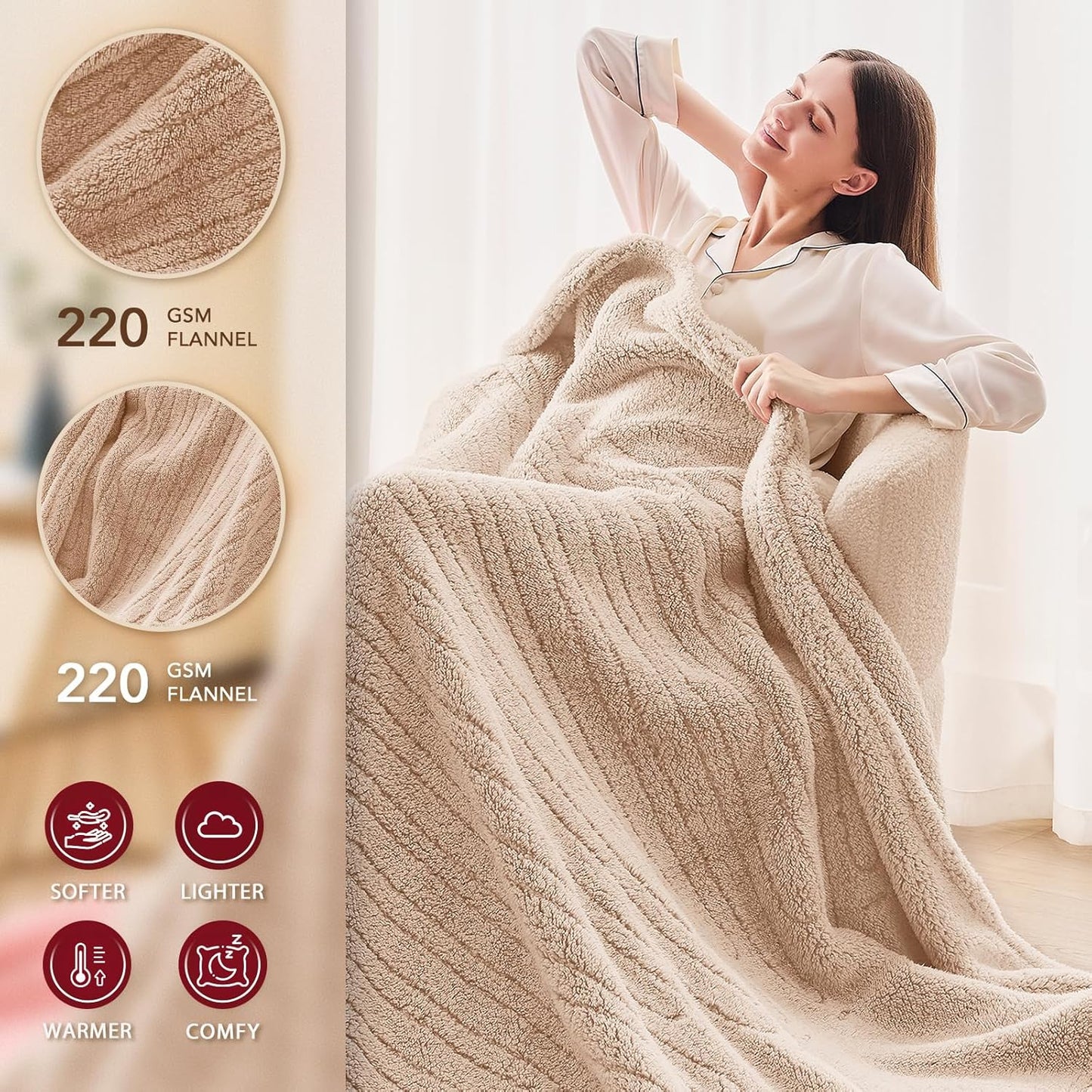 Heated Electric Blanket Queen Size - 84"x90" Flannel Heating Blanket with 10 Heating Levels & 5 Time Settings Over-Heat Protection, Winter Warmer for Adults with ETL Certification（Beige）