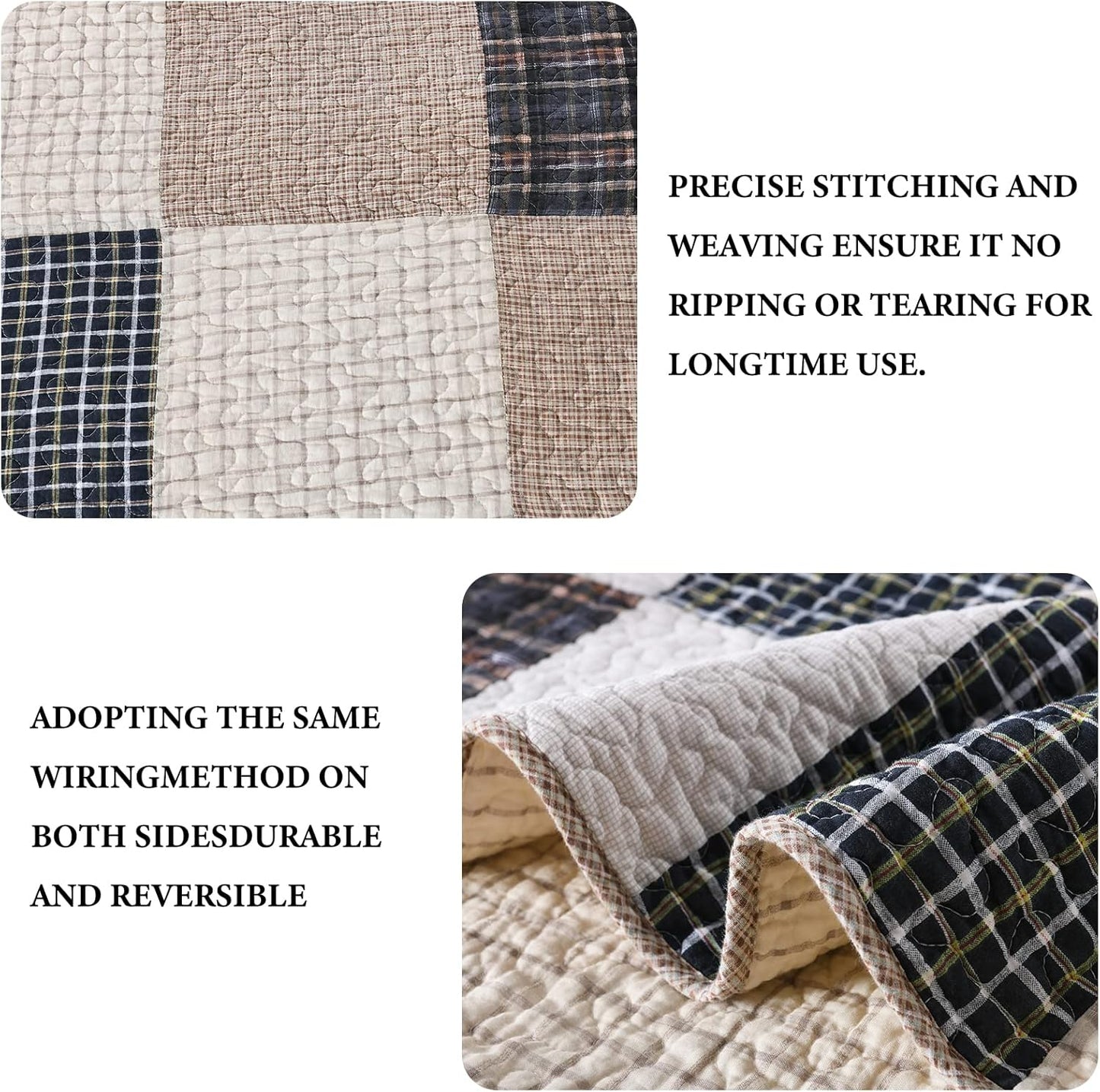 Y-PLWOMEN Quilts Queen Size, 100% Cotton Queen Quilt Set, Brown Khaki Black White Patchwork Plaid Queen Size Bedspread, Lightweight Reversible Soft Summer Quilt Bedding Set, 3-Pieces