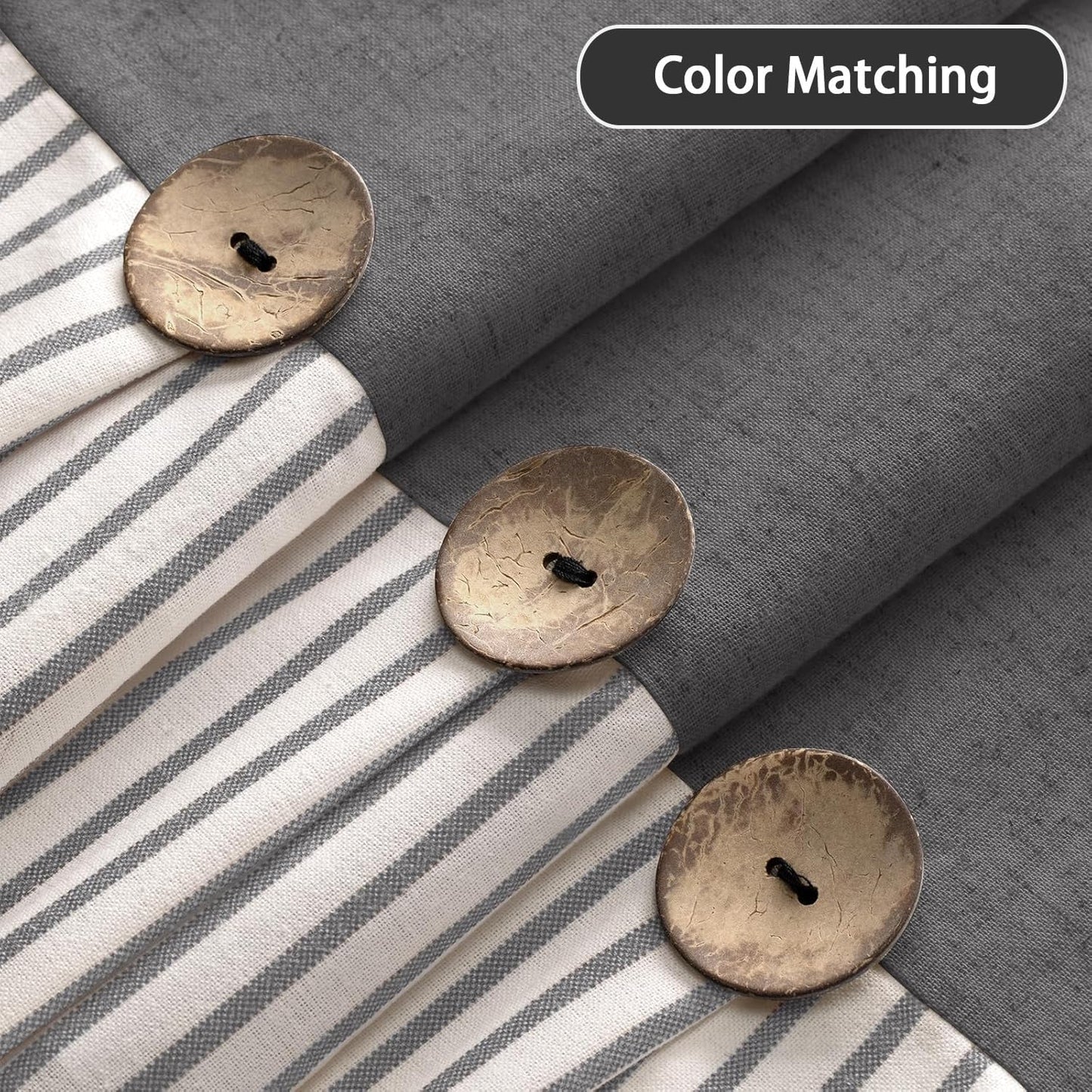 Farmhouse Shower Curtain Linen Grey Button Woven Fabric Country Rustic Western, Pleated Grey Stripe 72" W x 72" L