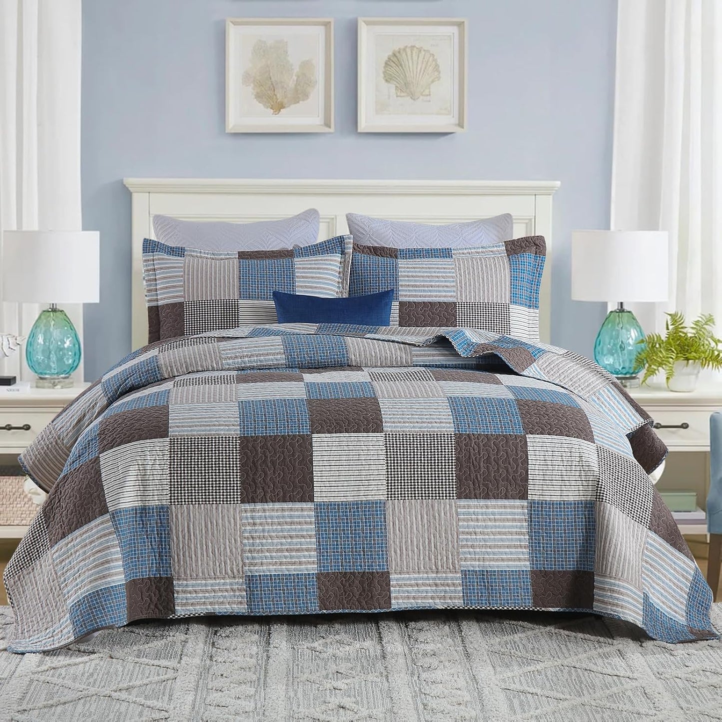 Uniclinens Plaid Quilt Set King Size, 100% Cotton Patchwork Quilt Bedding Set Bedspreads, Farmhouse Lightweight Comforter Quilted Quilt, 3 Pieces Set with 2 Pillowshams, Blue/Brown/White
