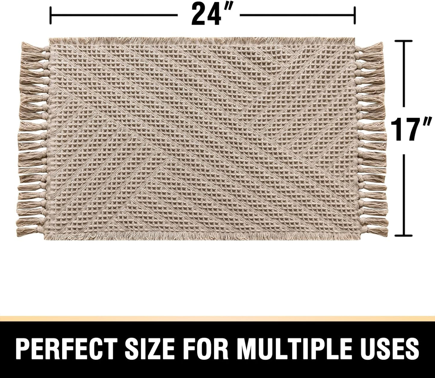 H.VERSAILTEX Waffle Bath Mat Super Absorbent Boho Bath Mat Non Slip Bath Rugs for Bathroom Floor Machine Washable Dry Fast Bathroom Rugs with Handmade Tassels, 17" x 24", Irish Cream