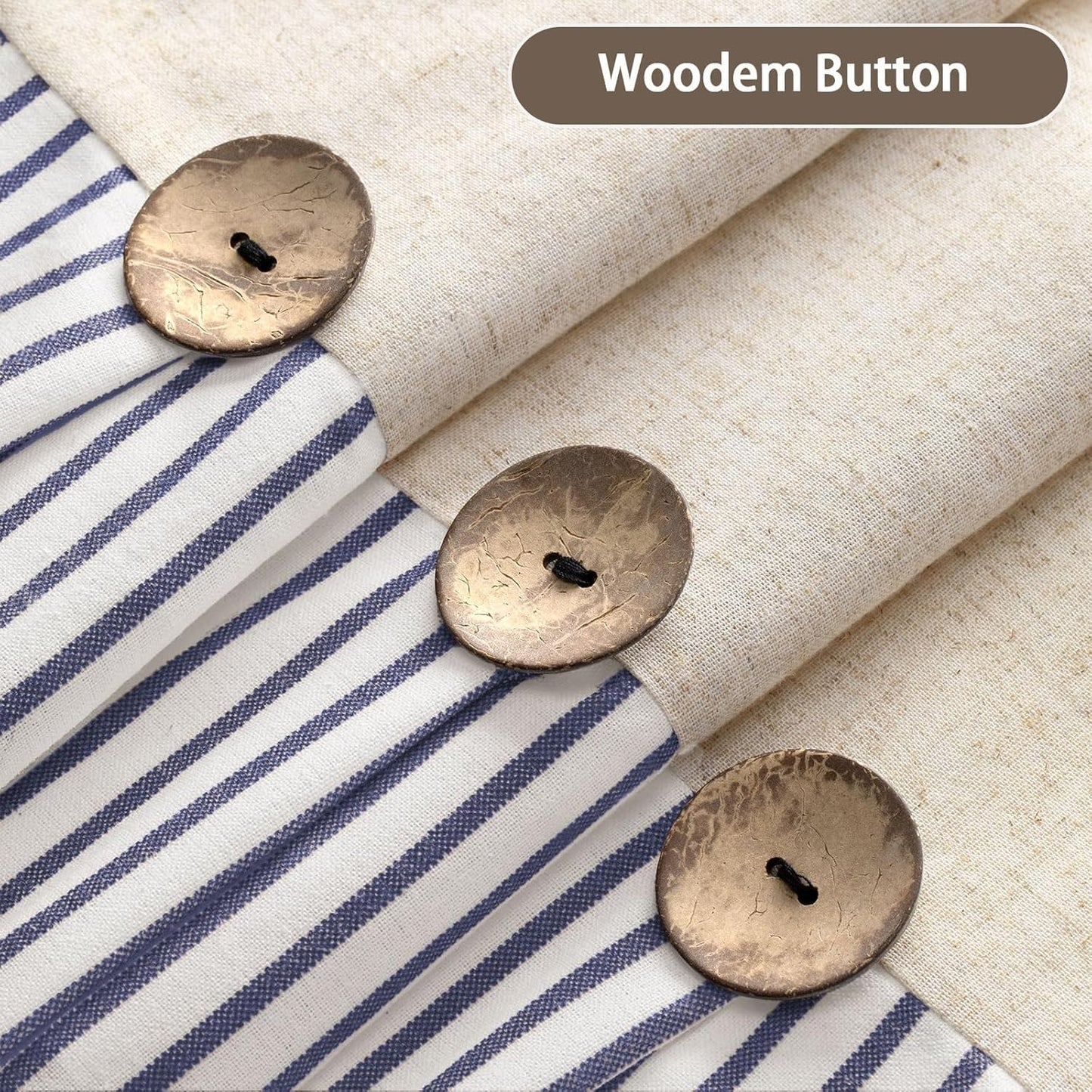 Farmhouse Shower Curtain Linen Button Woven Fabric Country Rustic Western, Pleated Blue Stripe 72" W x 72" L