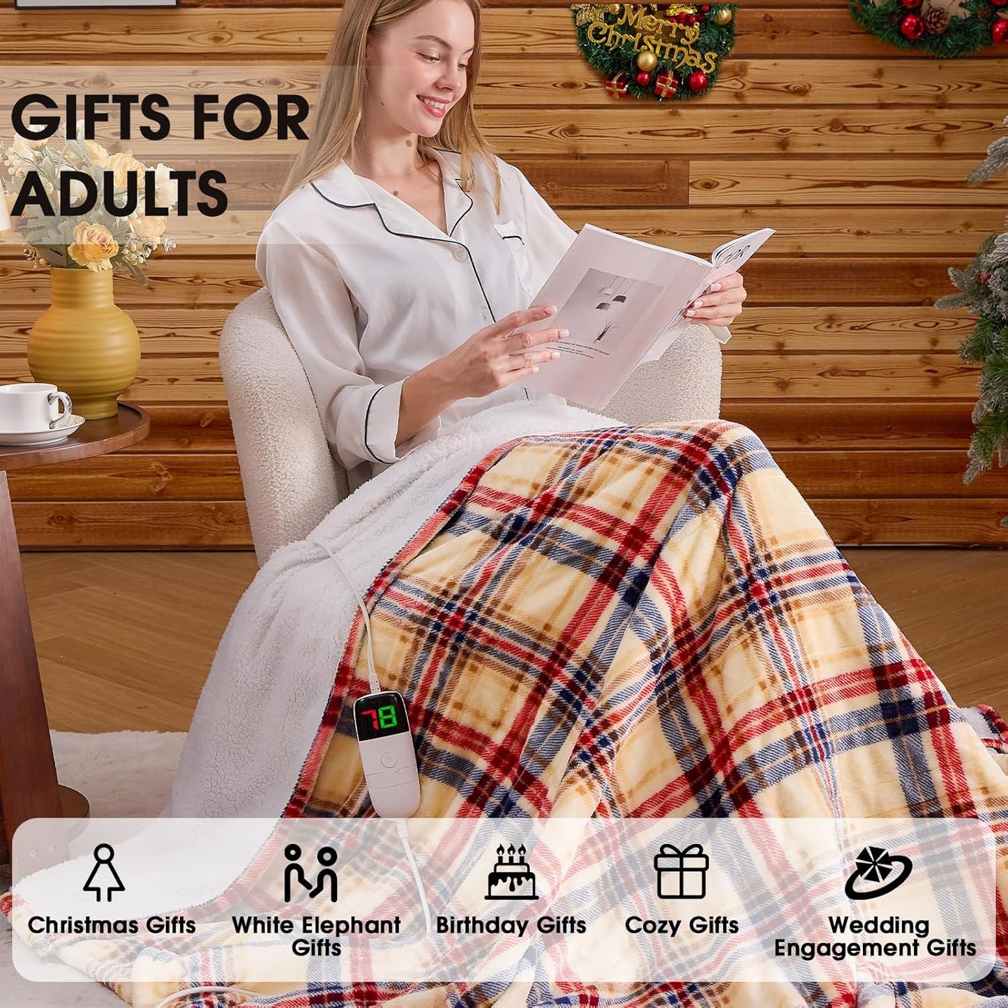 OCTROT Heated Blanket Electric, Twin Size 62X84, Heating Blanket with 10 Heating Levels & 8 Hours Auto Off, Checkered Plaid Sherpa Blankets Warmer for Adults, Fast Heating and Washable, in Brown