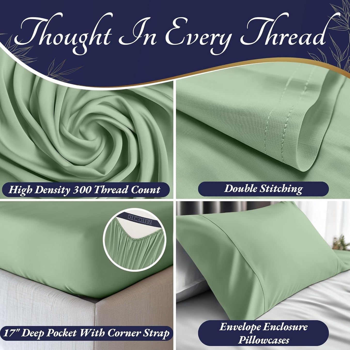 DECOLURE 100% Viscose Derived from Bamboo Sheets Twin Size 3pcs - Ultra Soft & Luxuriously Cooling, 17" Deep Pocket, Double Stitching, Perfect for Hot Sleepers - Twin Bed Sheets (Sage Green)