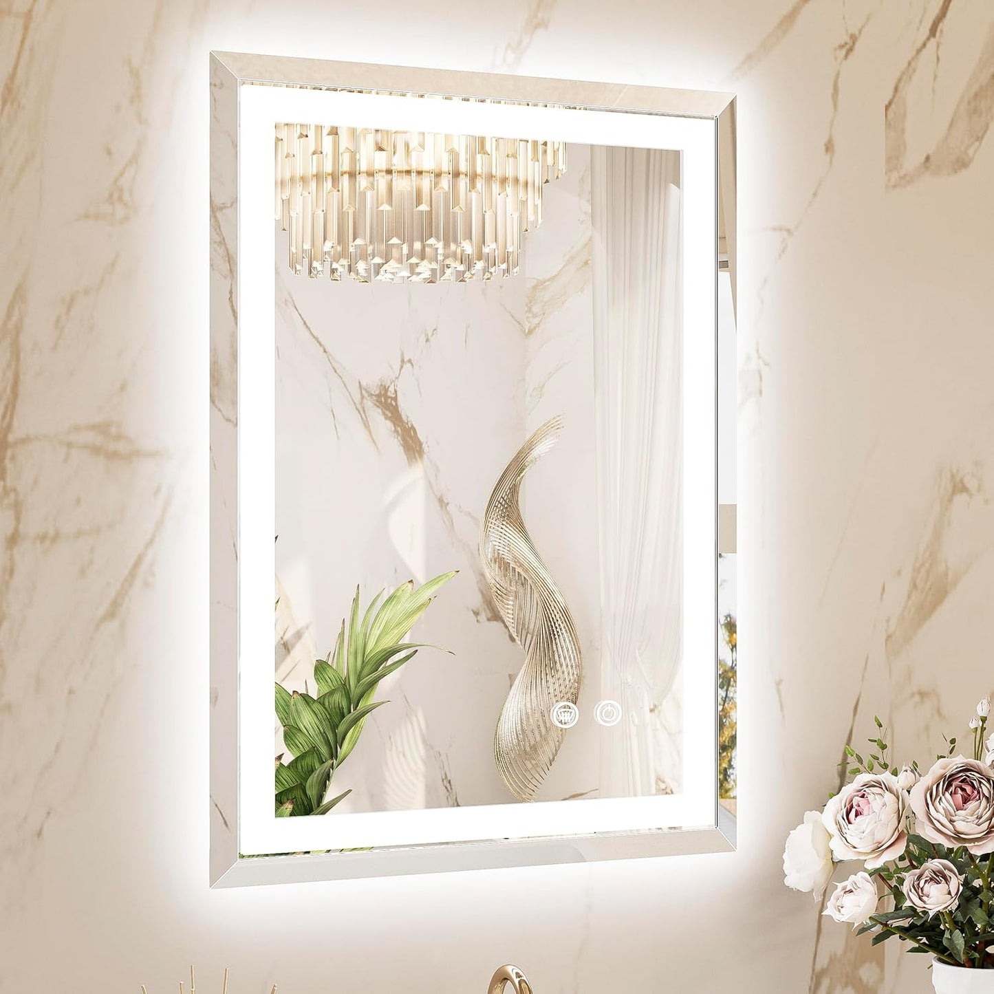 TETOTE Led Bathroom Mirror with Lights 22 x 30 Inch, Beveled Lighted Vanity Front and Backlit Anti-Fog Mirror Wall Mounted for Modern Bathroom, 3-Color Extra-Bright Lights, Tempered Glass