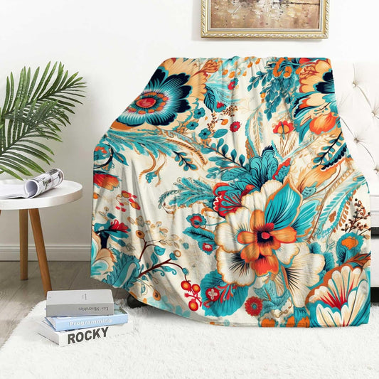 Flowers Blanket Throw, Turquoise Orange Hues Leaves Throw Blanket for Women Men, Soft Lightweight Flannel Fabric, Washable No-Pilling, 40x50 inches