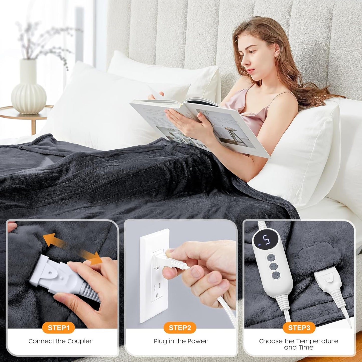 HYLEORY Heated Electric Blanket Throw, 2-Layer Cozy Warm Flannel 50" x 60", Heating Blanket with 9 Heating Levels, 2/4/6/10 Hours Auto Off, Fast Heating Winter Blanket, Dark Grey