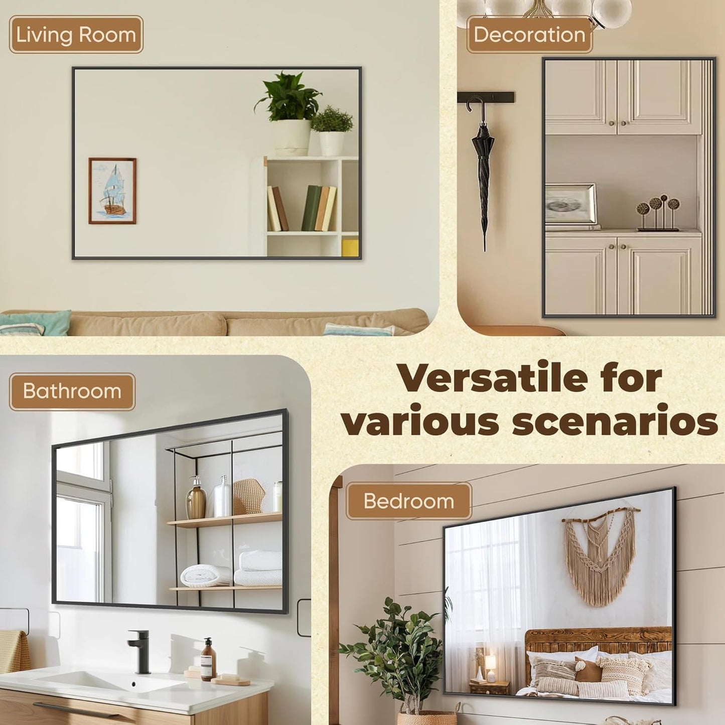 Antok Bathroom Mirror,48"x36" Wall Mirror, Decorative Mirrors Vanity Mirror Aluminum Alloy Frame Contemporary Hanging Mirror for Living Room Bathroom Entryway,Black,Round Corner