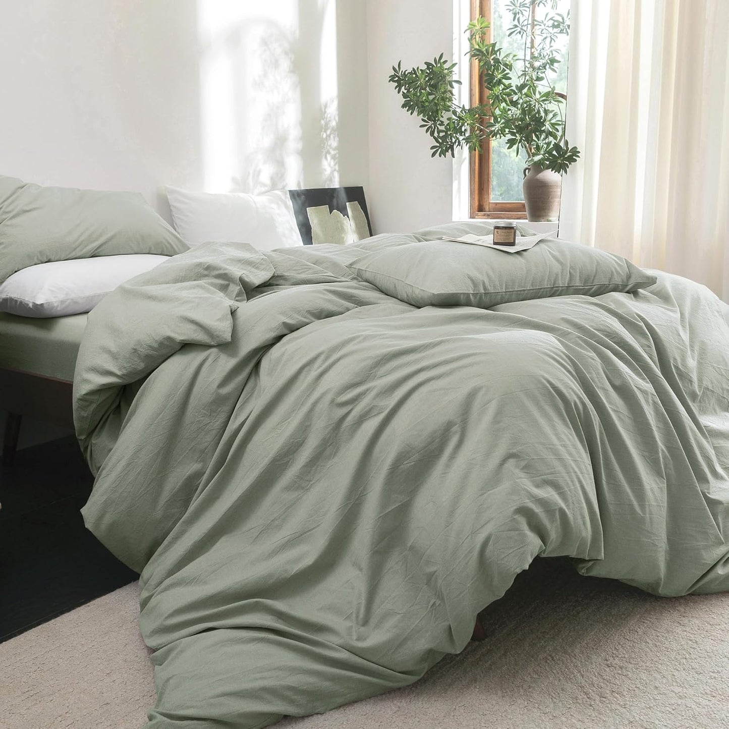 FOSSA Duvet Cover Set 100% Washed Cotton Linen Feel Super Soft Breathable Cozy 3 Pieces Bedding Sets Solid Sage Green California King