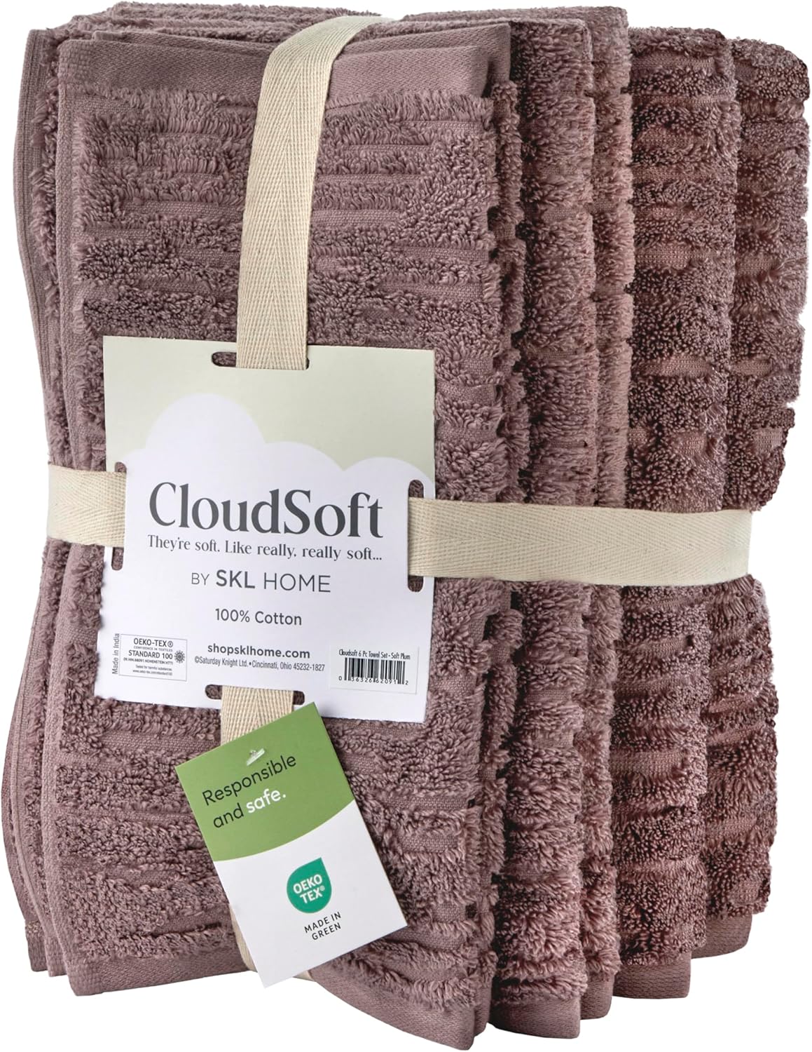 SKL Home CloudSoft Cotton Luxury 6-Piece Towel Set, Soft Plum