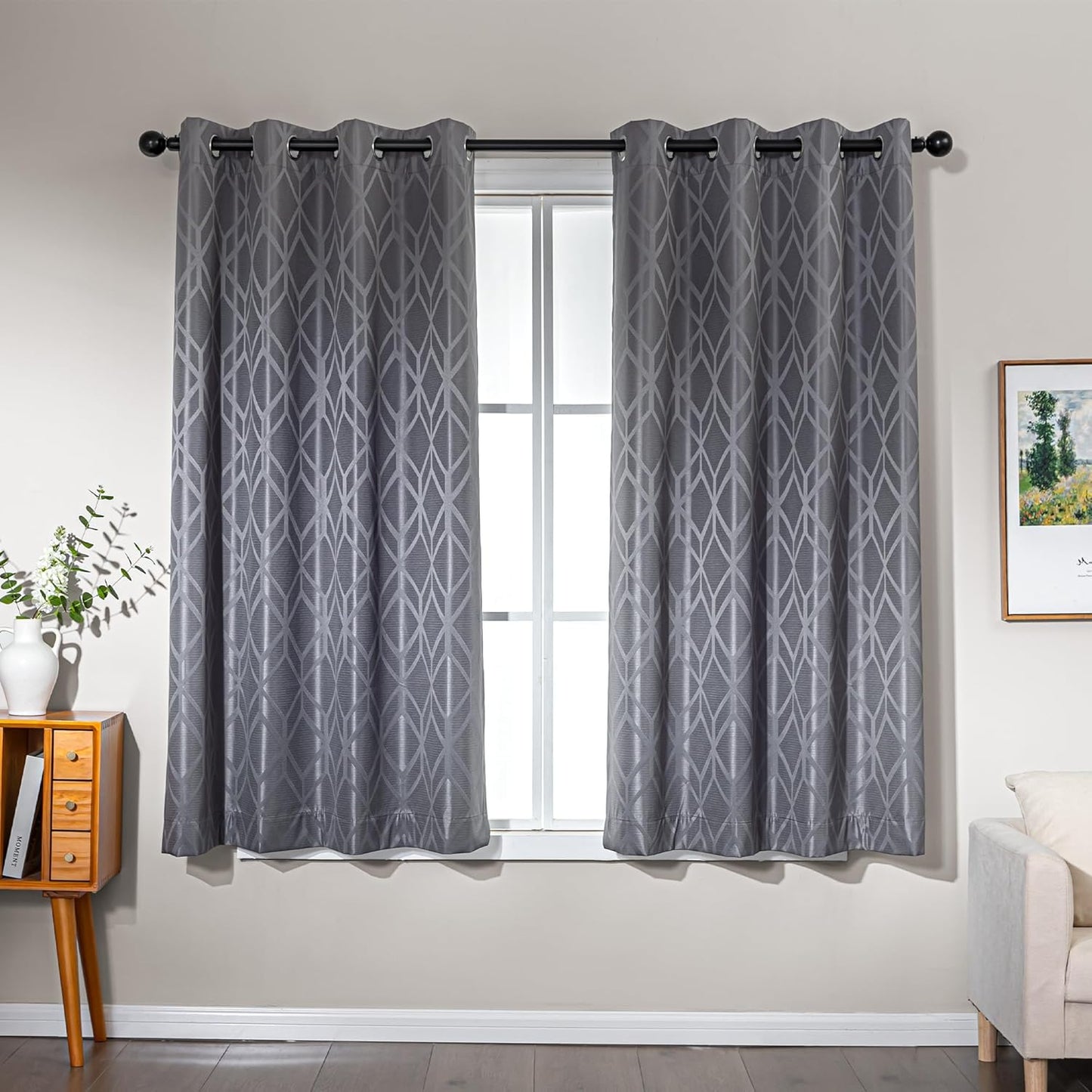 Amazon Basics Jacquard 2-Piece 100% Blackout Curtains, Living Room and Bedroom Drapes, Thermal Insulated Window Treatment, 42"x63", Grey