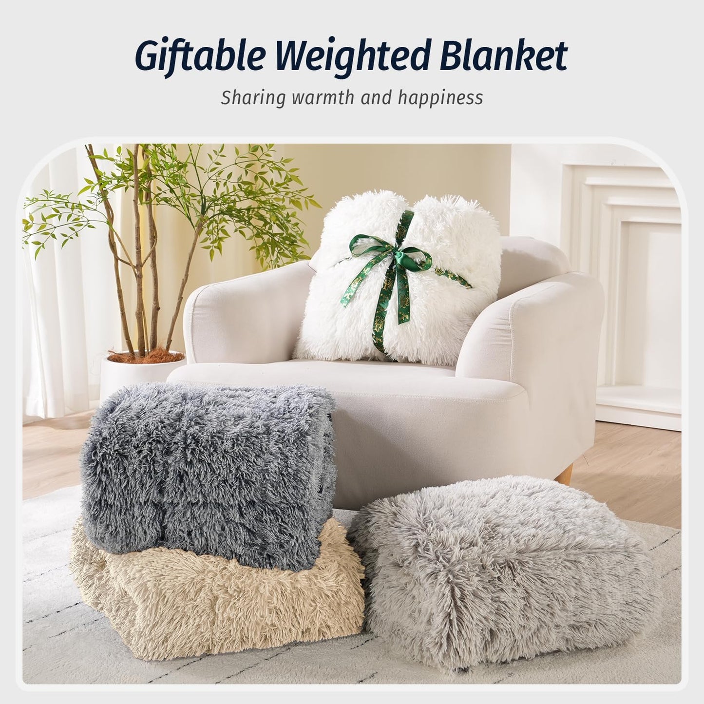 Wemore Shaggy Long Fur Faux Fur Weighted Blanket, Cozy and Plush Sherpa Long Hair Blanket for Adult 15lbs, Fluffy Fuzzy Sherpa Reverse Heavy Blanket for Bed, Couch, Khaki, 48 x 72 Inches