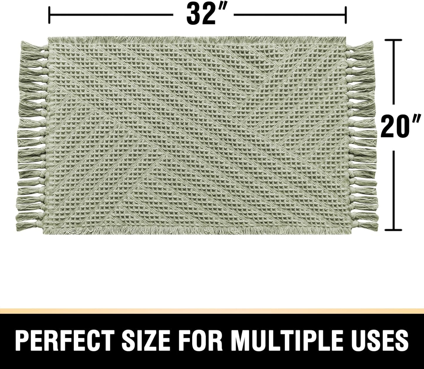 H.VERSAILTEX Waffle Bath Mat Super Absorbent Boho Bath Mat Non Slip Bath Rugs for Bathroom Floor Machine Washable Dry Fast Bathroom Rugs with Handmade Tassels, 20" x 32", Sage
