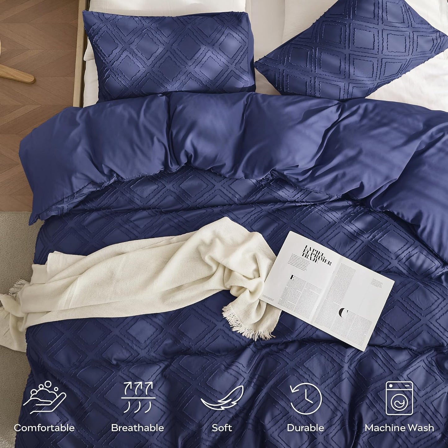 JELLYMONI Duvet Cover Twin Size Navy Blue - 3PCS Boho Duvet Cover Set Plaid Polyester Tufted Bohemian Jacquard Knit Textured Comforter Cover 68×90in Rhombic Geometric Pattern Corner Ties & Zipper