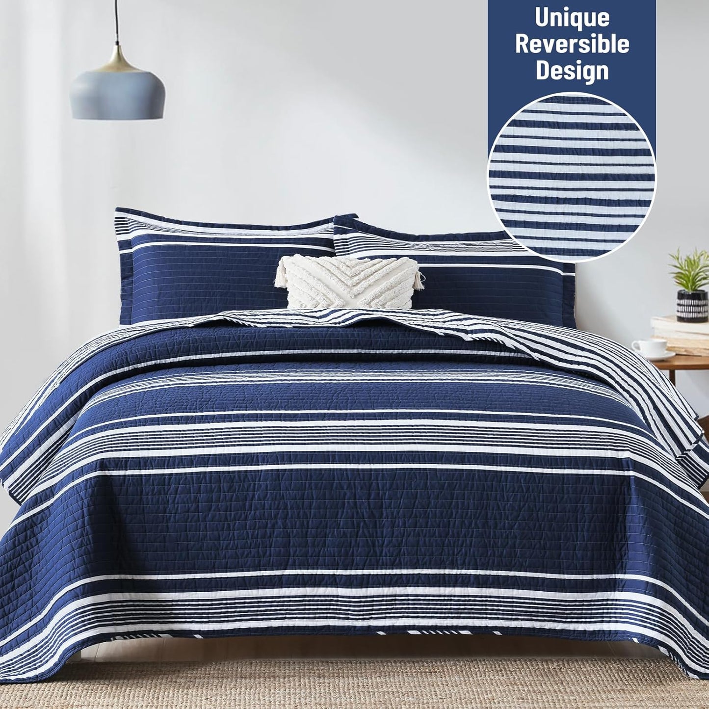 Striped Queen Size Quilt - 100% Cotton Navy Blue White Striped Modern Boys Men Unisex Quilt Bedspread for Queen Bed, Lightweight Reversible Quilted Bedding Set with 2 Pillow Shams, All Season