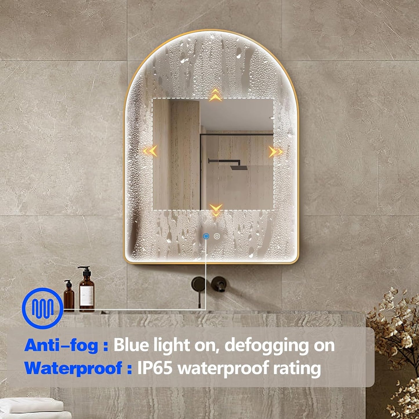 Niccy Arched LED Bathroom Mirror, 48"x30" Gold Framed Arch Wall Lighted Mirrors, Arching Frontlit Vanity-Mirror with Memory Function for Bathroom Bedroom, Defogger and 3 Color, Explosion-Proof