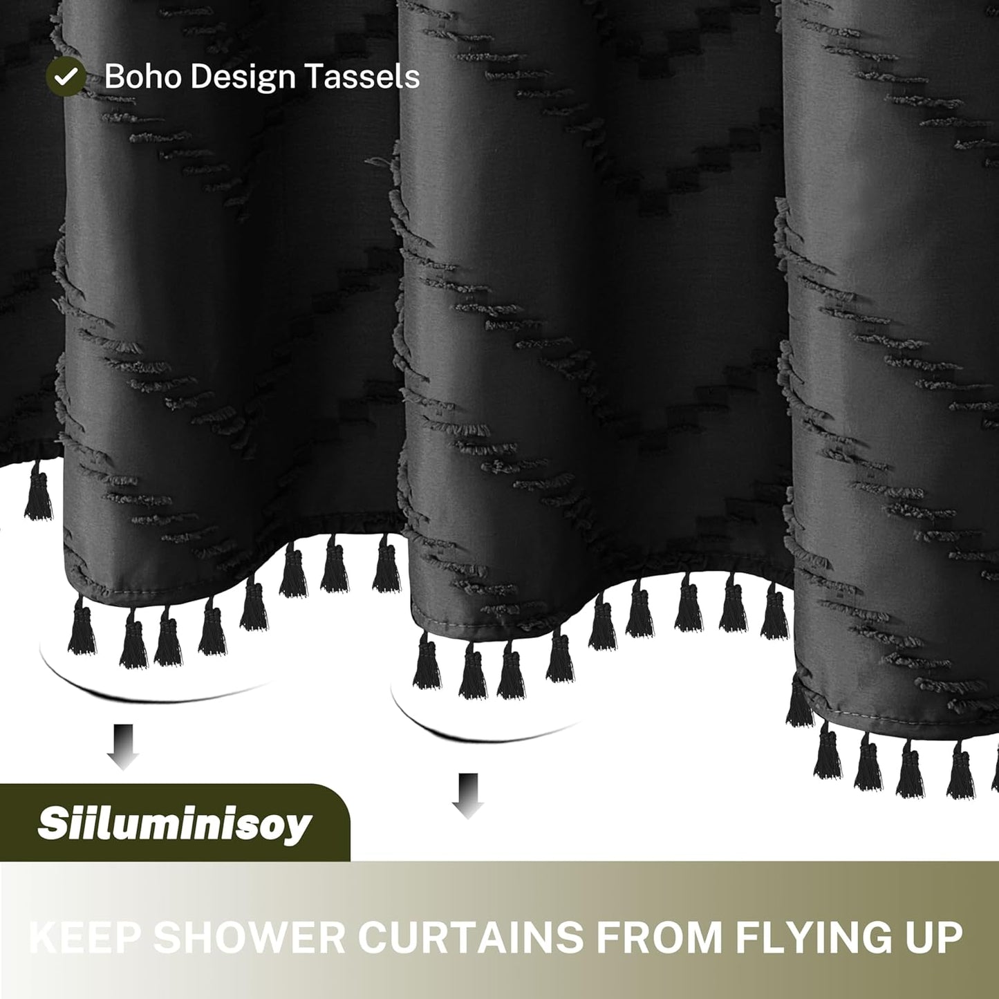 Extra Long Black Boho Chevron Shower Curtain with Tassel, Woven Fabric Shower Curtain, 72 x 96, Tufted Striped, Modern Chic Textured Shower Curtain Set Minimalist Bathroom Decor